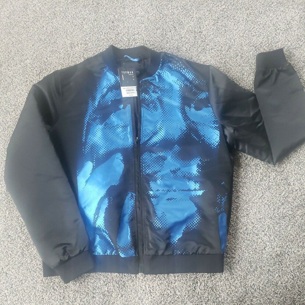 TOPMAN JACKET Medium Black Blue Abstract Bomber Jacket Coat - Picture 2 of 9